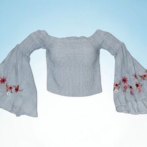 GUESS Los Angeles Blue White Striped Smocked Off Shoulder Floral Bell Sleeve Top